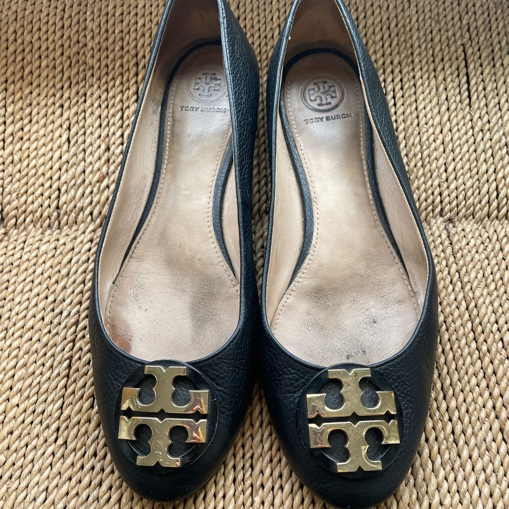 Tory Burch Black Flats with Gold Logo